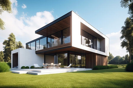 Very modern house with garden in front. Sunny day. Green lawn and trees. High quality generative AIの素材