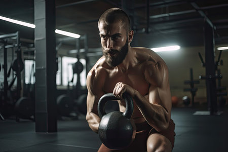 Photo of a strong determined fit man training and exercising in a gym alone with kettle bells. High quality generative AIの素材
