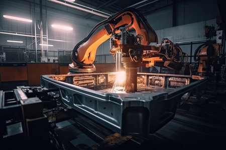 Mechanized welding industry robot arm for assembly in factory production line. Vehicle manufacturing. Robotized automated manufacturing process, generative aiの素材