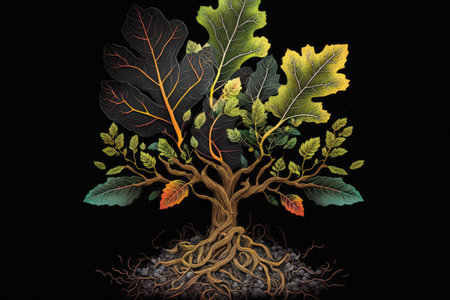 Oak planted in the soil substrate, view of the plant and roots. Illustration, generative aiの素材