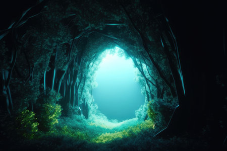 Archway in green forest that leads to another dimension. Generative AIの素材