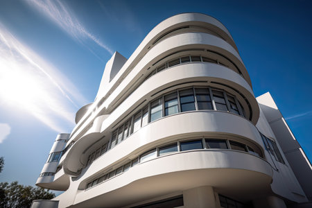 Modern architecture, big curved glass windowed office building. High quality generative aiの素材