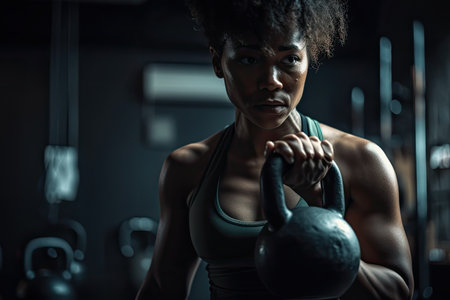 Photo of a strong determined African American black woman training and exercising in a gym alone with kettle bells. High quality generative AIの素材