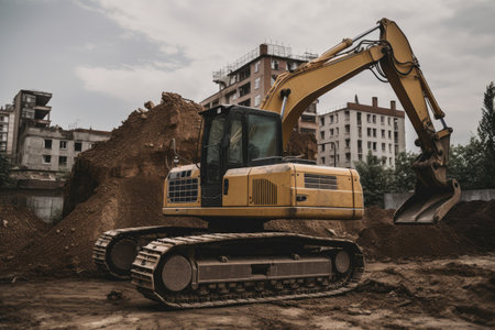 Excavator on building site, high quality generative AIの素材