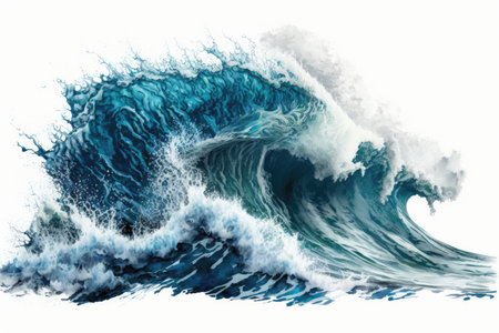 Illustration of sea waves rolling up in ocean, fresh and spray, white background with copyspace, generative aiの素材