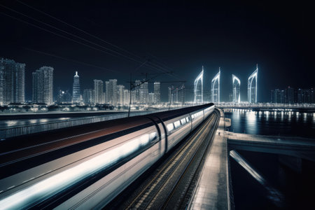 High speed bullet train with blurred nighttime cityscape. High quality generative AIの素材