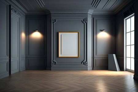 A grand, empty room with a parquet floor with dark stucco panels, molding, and frames. Large, open studio with furnishings and advertising product mock-ups, generative aiの素材