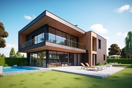 Very modern house with garden in front. Sunny day. Green lawn and trees. High quality generative AIの素材