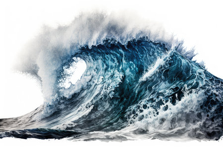 Sea waves rolling up in ocean, fresh and spray, white background with copyspace, generative aiの素材
