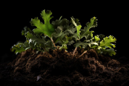 Oak tree planted in the soil substrate. Seedlings or plants illuminated by the side light. Highly lighted oak leaves with dark background. High quality generative aiの素材