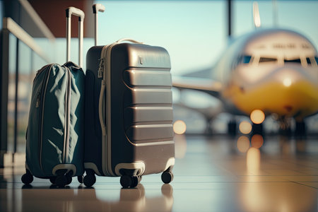 Two suitcases at the airport, with airplane in the background. Waiting to catch a flight. Heavy baggage. Copyspace. Generative AIの素材
