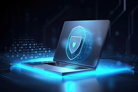 Cyber data protection laptop cybersecurity concept. Shield with padlock on laptop screen. Generative AIの素材