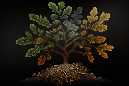 Oak planted in the soil substrate, view of the plant and roots. Illustration, generative aiの素材