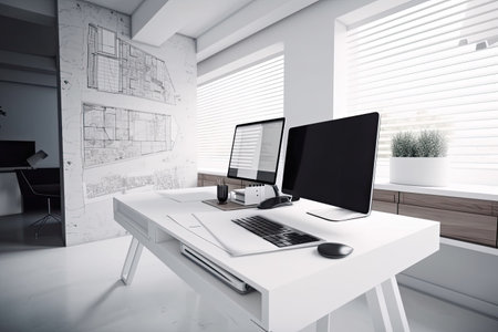 Architect office project concept. Computer screen on white work desk showing house blueprints in CAD program. Generative AIの素材