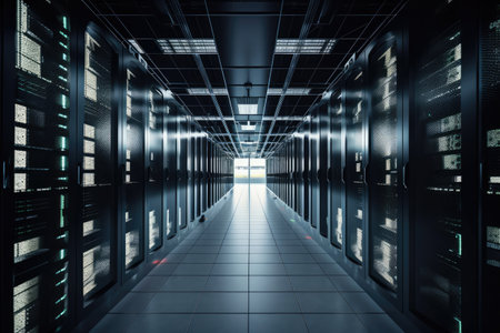 View of a data center. Rack housing server data storage hardware in a data center. The equipment is connected by a lot of network cables. Supporting platform for web and cloud hosting. Generative AIの素材