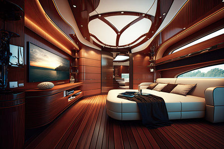 Wide-angle photo of an interior of a luxurious boat cabin with a big neatly made bed, lacquered wood paneling decoration. Luxurious yacht cabin, generative aiの素材