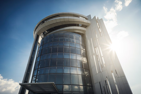 Modern architecture, big curved glass windowed office building. High quality generative aiの素材