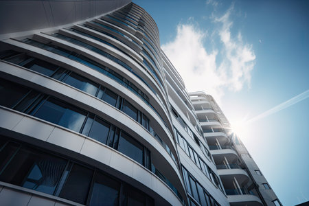 Modern architecture, big curved glass windowed office building. High quality generative aiの素材