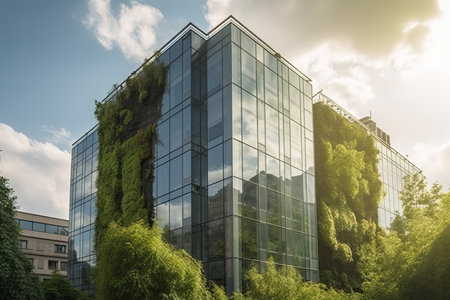 Green office building in a modern metropolis. Glass building with green tree branches and leaves to reduce carbon dioxide. Concept. High quality generative AIの素材