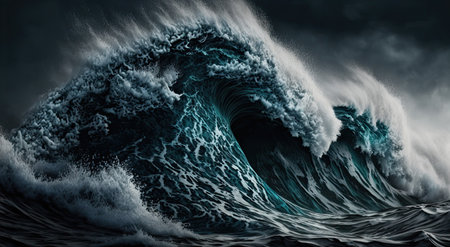 Sea waves rolling up in ocean, fresh and spray, white background with copyspace, generative aiの素材
