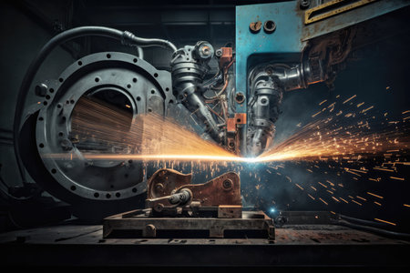 Mechanized welding industry robot arm for assembly in factory production line. Vehicle manufacturing. Robotized automated manufacturing process, generative aiの素材