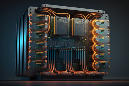 View of a data center. Rack housing server data storage hardware in a data center. The equipment is connected by a lot of network cables. Supporting platform for web and cloud hosting. Generative AIの素材