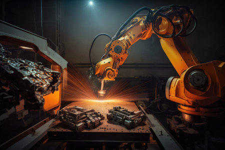 Mechanized welding industry robot arm for assembly in factory production line. Vehicle manufacturing. Robotized automated manufacturing process, generative aiの素材