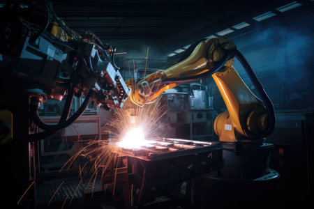 Mechanized welding industry robot arm for assembly in factory production line. Vehicle manufacturing. Robotized automated manufacturing process, generative aiの素材