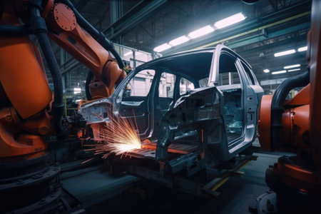 Mechanized welding industry robot arm for assembly in factory production line. Vehicle manufacturing. Robotized automated manufacturing process, generative aiの素材