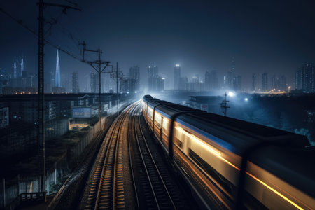High speed bullet train with blurred nighttime cityscape. High quality generative AIの素材