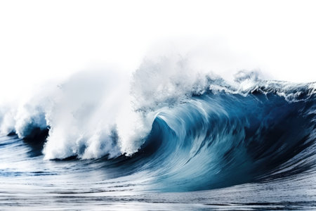 Sea waves rolling up in ocean, fresh and spray, white background with copyspace, generative aiの素材