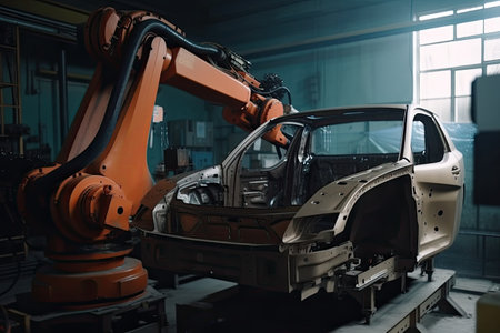 Mechanized industry robot arm for assembly in factory production line. Vehicle manufacturing. Robotized automated manufacturing process, generative aiの素材