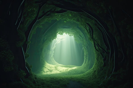 Archway in green forest that leads to another dimension. Generative AIの素材