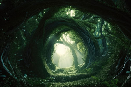 Archway in green forest that leads to another dimension. Generative AIの素材