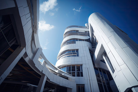 Modern architecture, big curved glass windowed office building. High quality generative aiの素材
