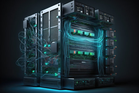 Rack housing server data storage hardware in a data center. The equipment is connected by a lot of network cables. Supporting platform for web and cloud hosting. Generative AIの素材