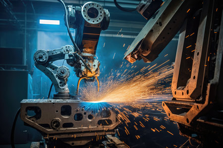 Mechanized welding industry robot arm for assembly in factory production line. Vehicle manufacturing. Robotized automated manufacturing process, generative aiの素材