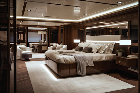 Wide-angle photo of an interior of a luxurious boat cabin with a big neatly made bed, lacquered wood paneling decoration. Luxurious yacht cabin, generative aiの素材
