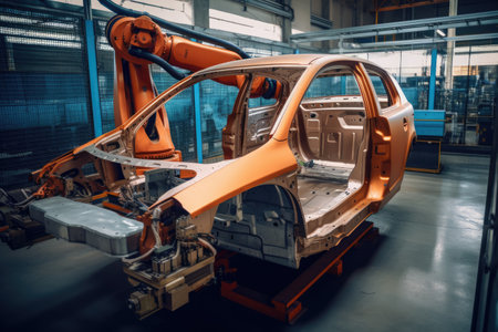 Mechanized industry robot arm for assembly in factory production line. Vehicle manufacturing. Robotized automated manufacturing process, generative aiの素材