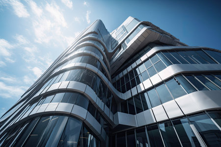 Modern architecture, big curved glass windowed office building. High quality generative aiの素材