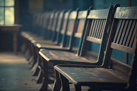 Row of wooden chairs in an old lecture room. Generative AIの素材