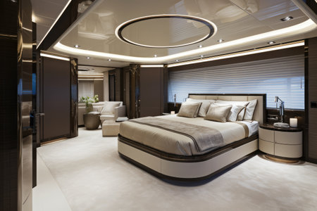 Wide-angle photo of an interior of a luxurious boat cabin with a big neatly made bed, lacquered wood paneling decoration. Luxurious yacht cabin, generative aiの素材