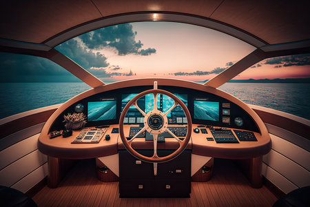 Captain's cabin on a boat. Wheelhouse. Generative AIの素材