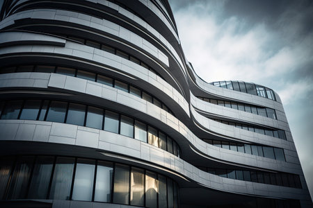 Futuristic modern architecture, big curved glass windowed office building. High quality generative aiの素材