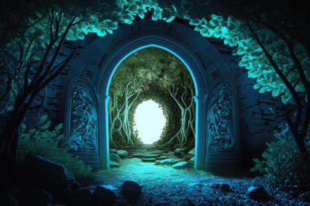 Archway in green forest that leads to another dimension. Generative AIの素材