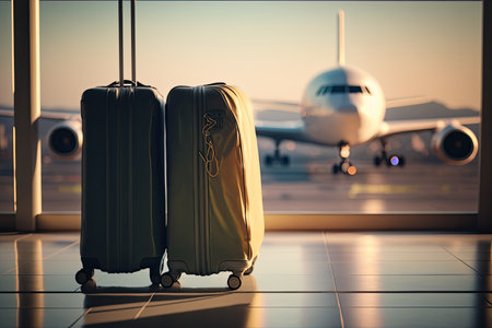Two suitcases at the airport, with airplane in the background. Waiting to catch a flight. Heavy baggage. Copyspace. Generative AIの素材