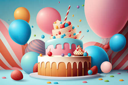 Birthday party with cake and balloons, copy space, generative aiの素材