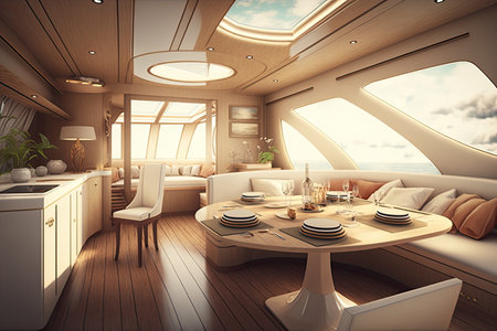 Wide-angle photo of an interior of a luxurious boat dining cabin. Luxurious yacht cabin, generative aiの素材
