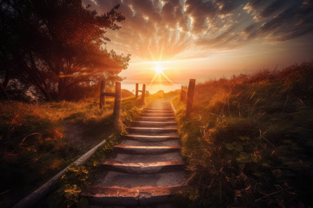 Heavenly look of stairs and sunset. High quality generative AIの素材