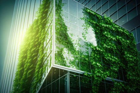 Green office building in a modern metropolis. Glass building with green tree branches and leaves to reduce carbon dioxide. Concept. Generative AIの素材